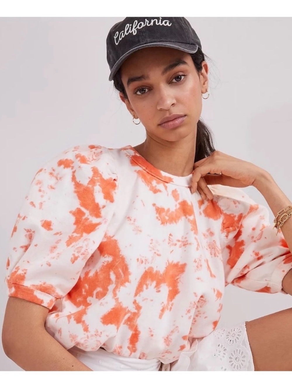 Clare V White & Orange Tie-Dye Puff Sleeve Sweatshirt Top